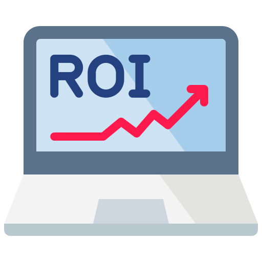 Computer monitor displaying 'ROI' with a red arrow pointing upwards on a light blue background
