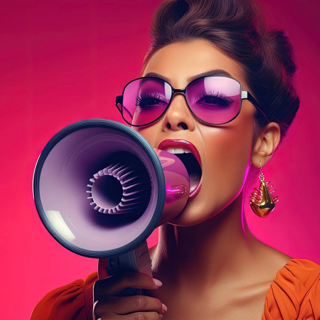 A woman holding an amplifier to announce that a Marketing Campaign Complete Guide: Strategy, Definition & Best Practices