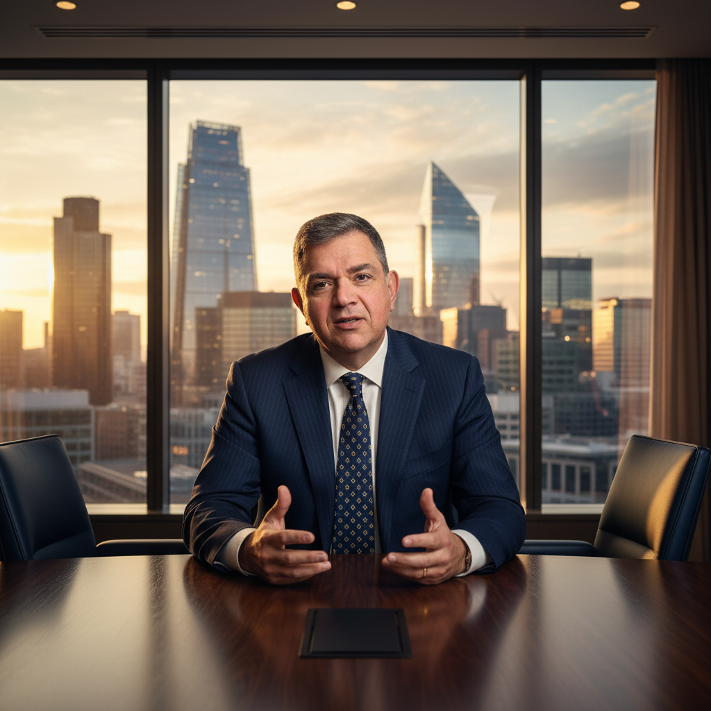 Executive coach sitting on a table with high rising buildings in the background.