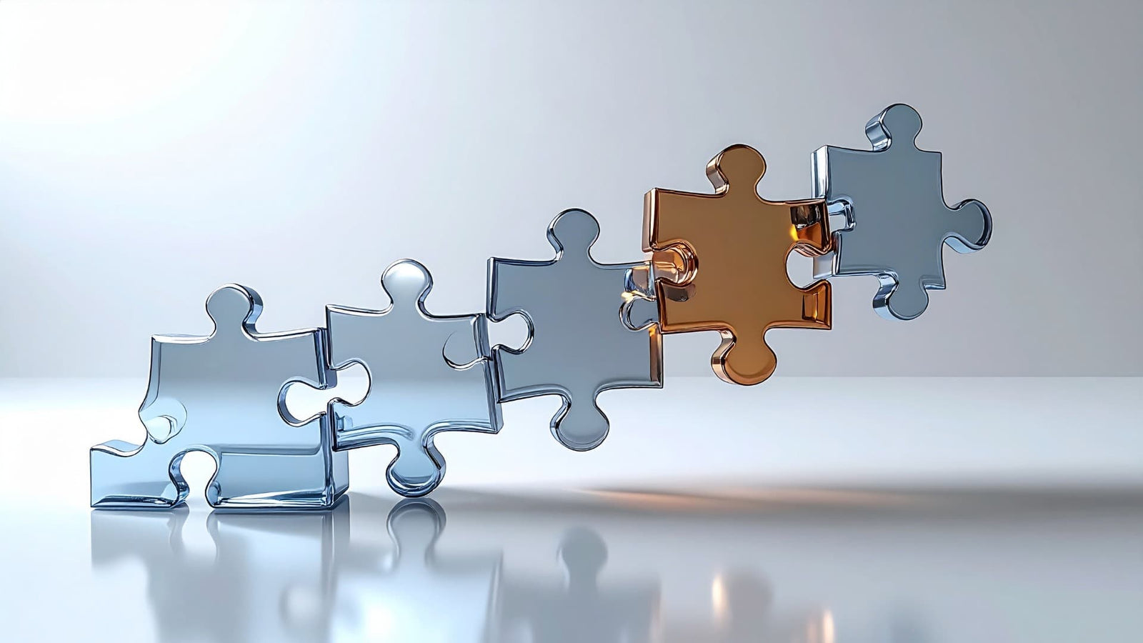 Two puzzle pieces, one silver and one gold, on a reflective surface with a light gray background.