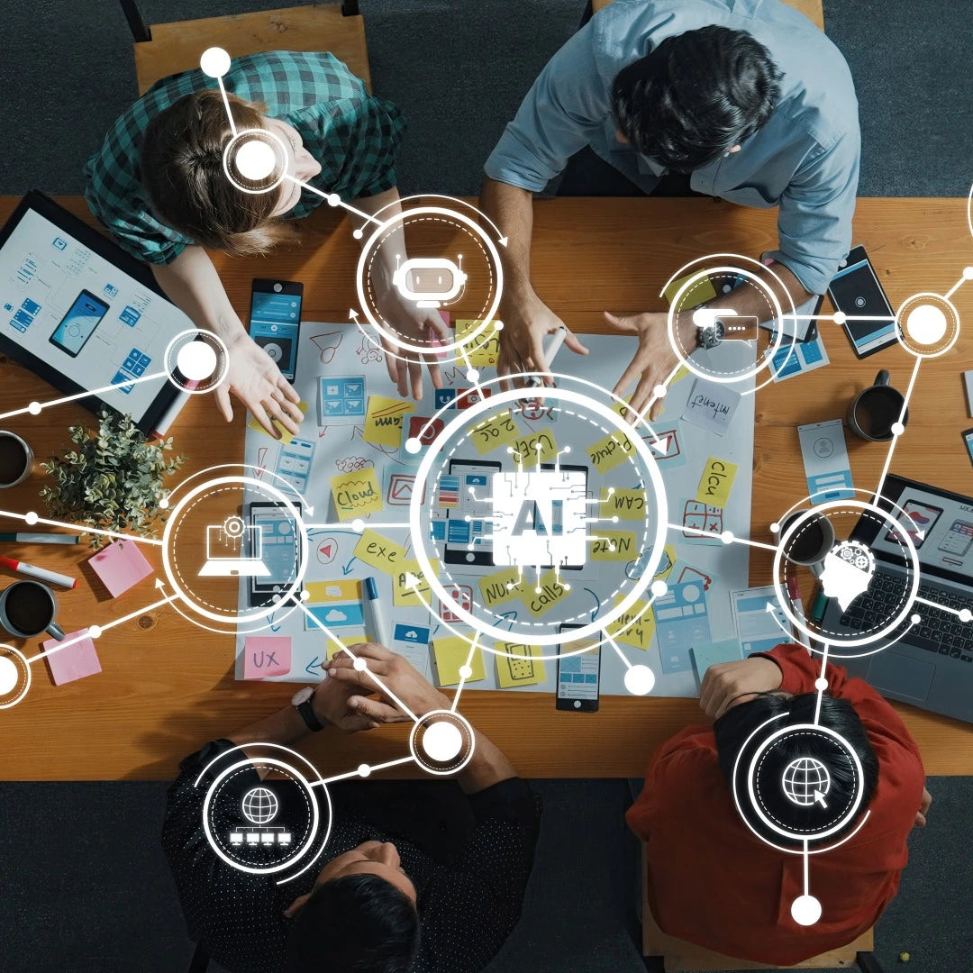 Group of people working around a table with digital icons and 'AI' on a map, indicating a focus on technology and collaboration. Business Digital Strategy