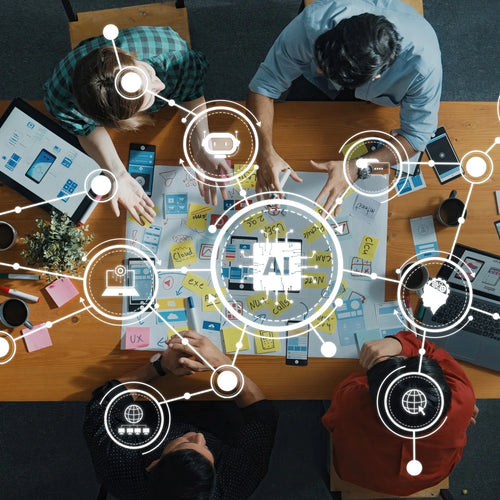 Group of people working around a table with digital icons and 'AI' on a map, indicating a focus on technology and collaboration. Business Digital Strategy