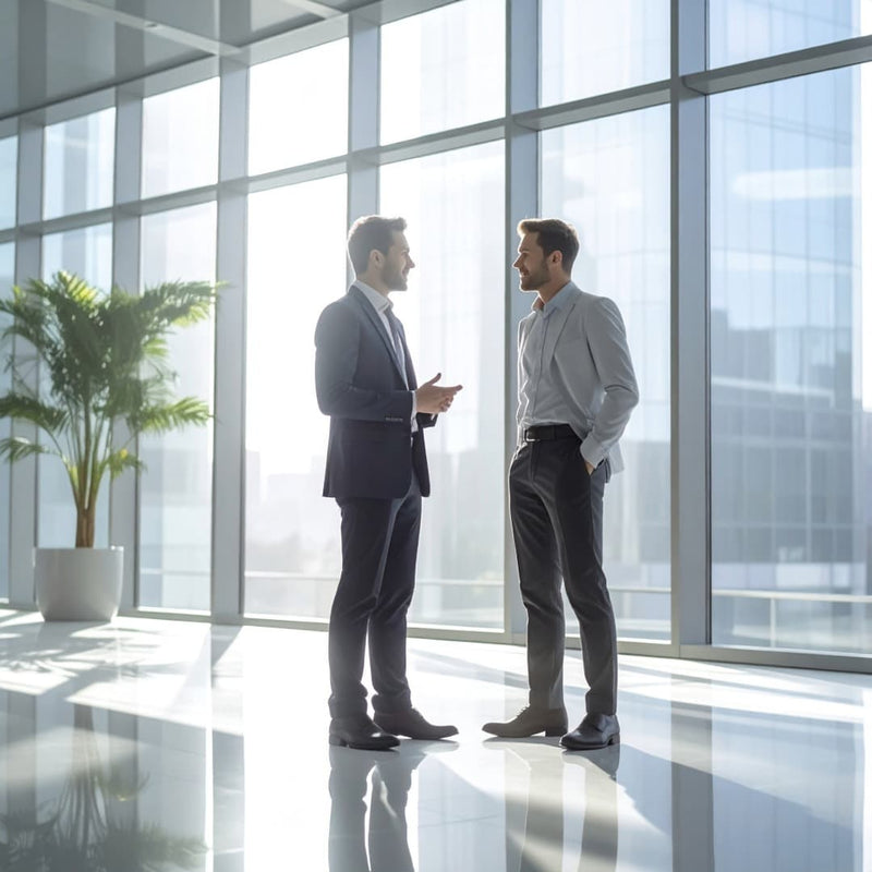 Two businessmen standing in a modern office with large windows.