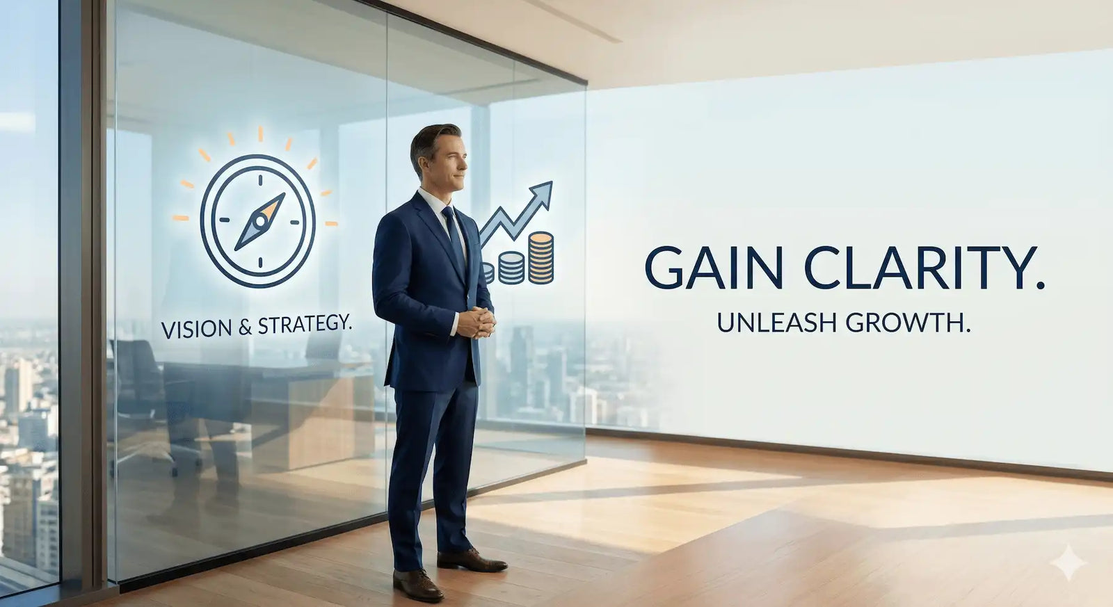 Man in a suit standing in front of a modern office wall with motivational text and graphics.
