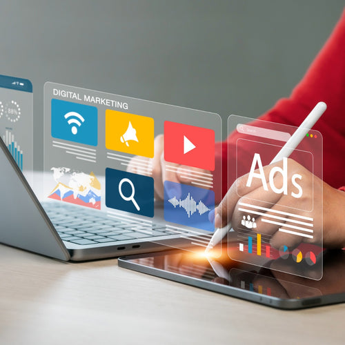 Person using a laptop and smartphone with digital marketing and ads graphics overlay.