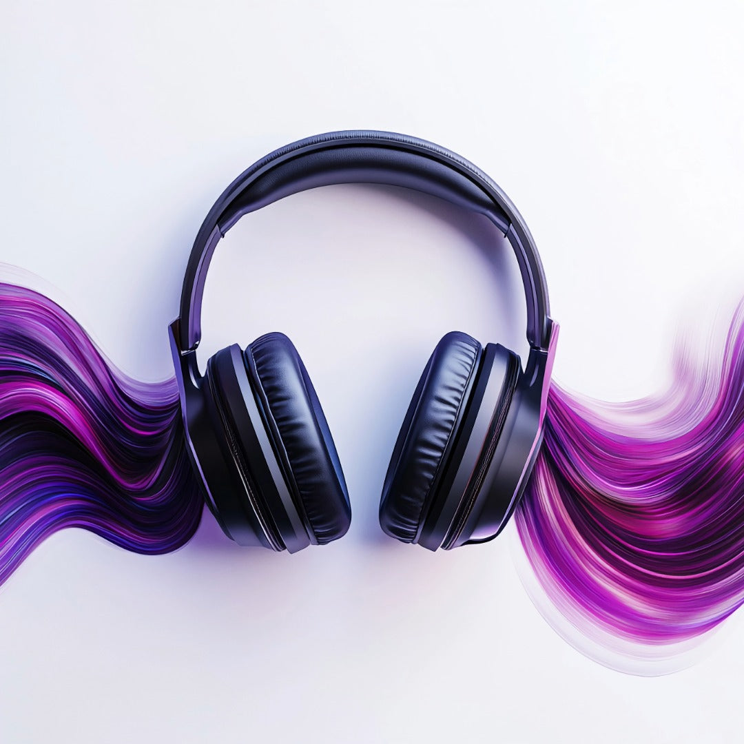 Black headphones with wavy, colorful lines on a white background. Audio Ads