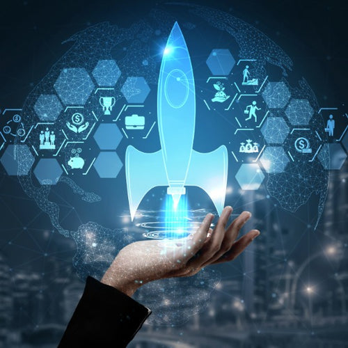 Hand holding a glowing blue rocket with digital icons and world map in the background. Starter Package