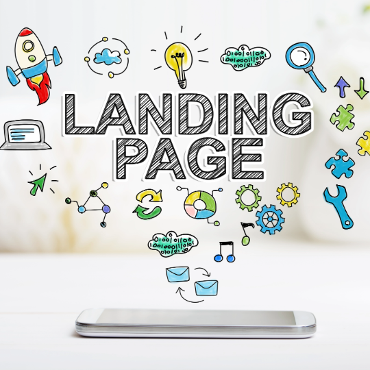 Phone with 'Landing Page' text and various icons on a light background