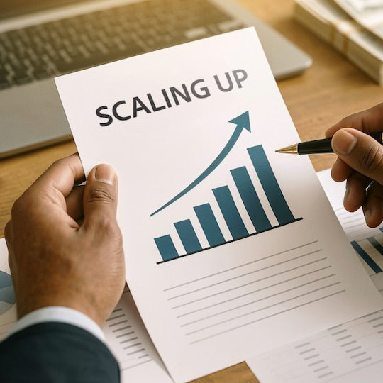 Person holding a document with 'Scaling Up' and a bar graph on a desk with a laptop. Scale Package