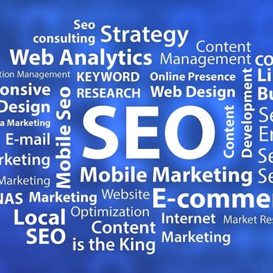 SEO-related keywords in a word cloud on a blue background